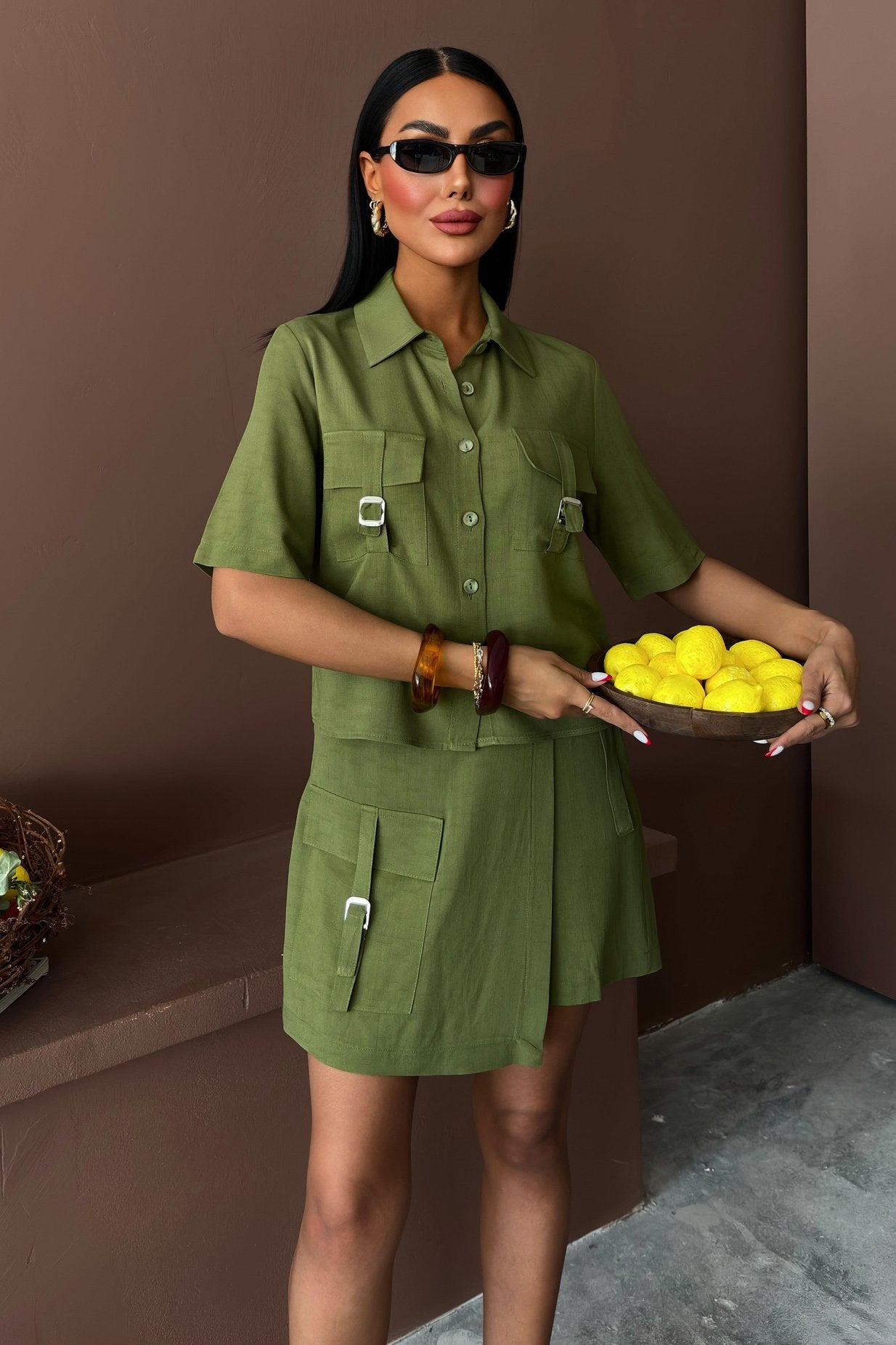 Shirt Shorts Skirt Viscose Linen Suit Green