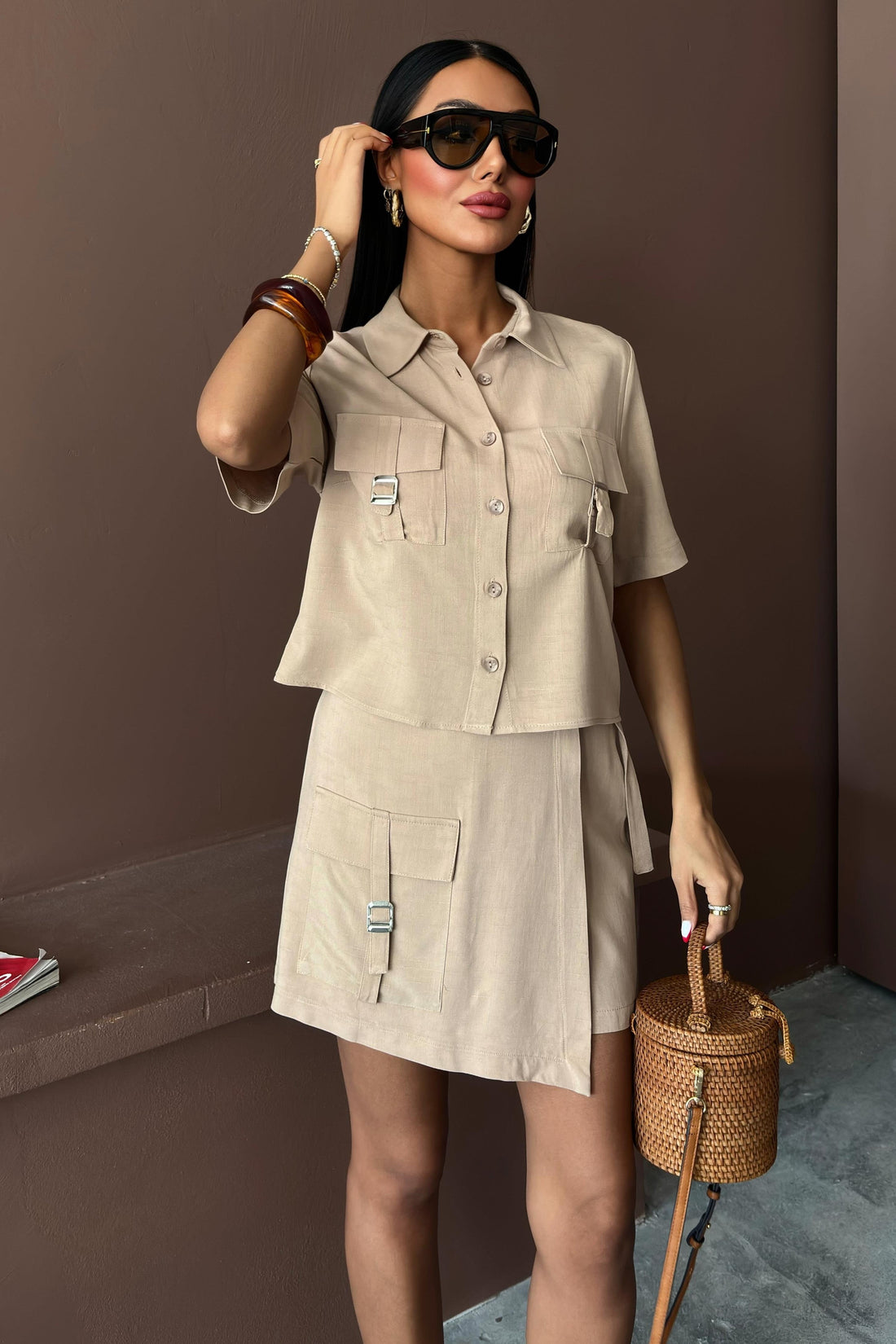 Shirt Shorts Skirt Viscose Linen Suit Beige