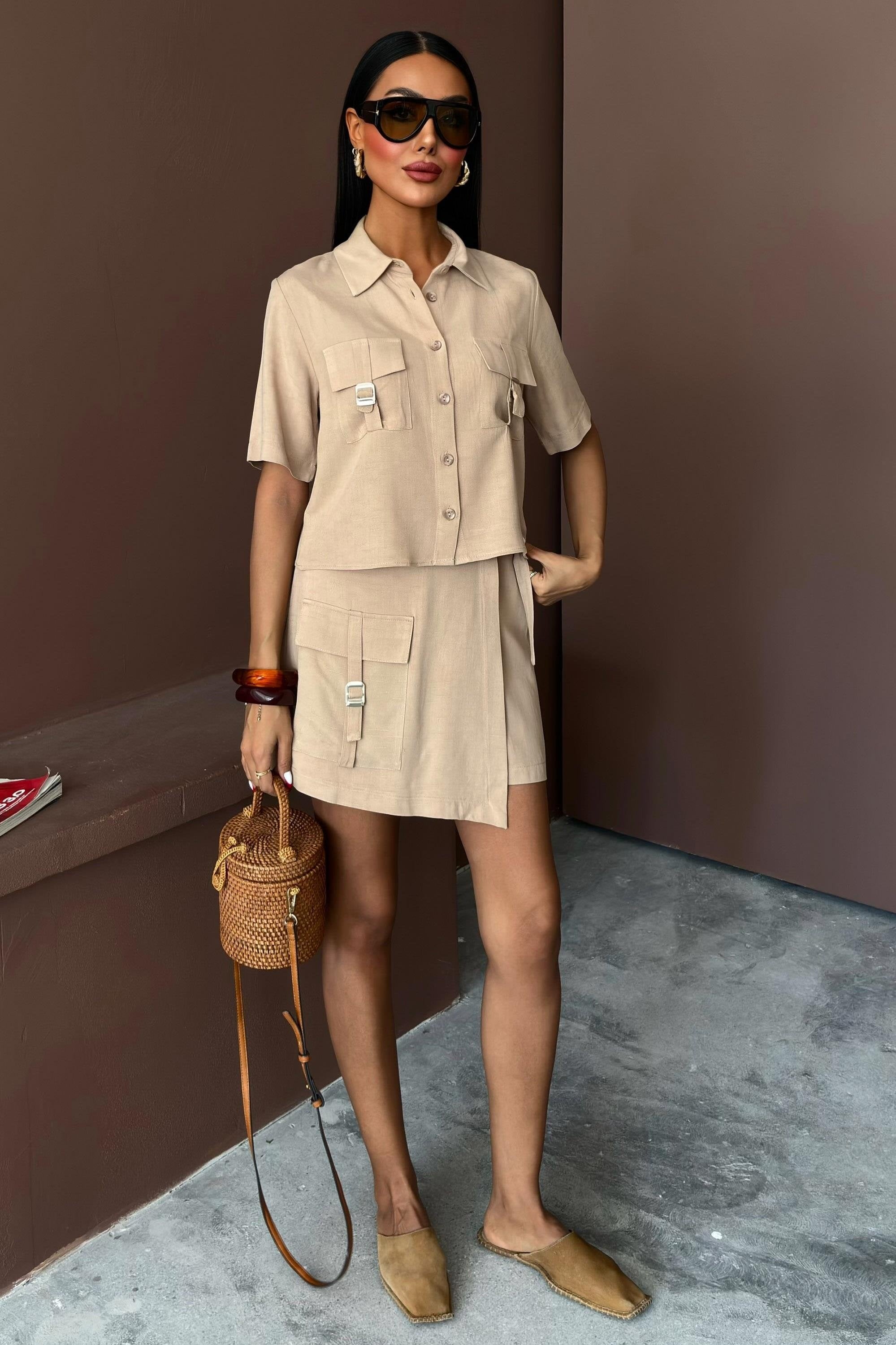 Shirt Shorts Skirt Viscose Linen Suit Beige