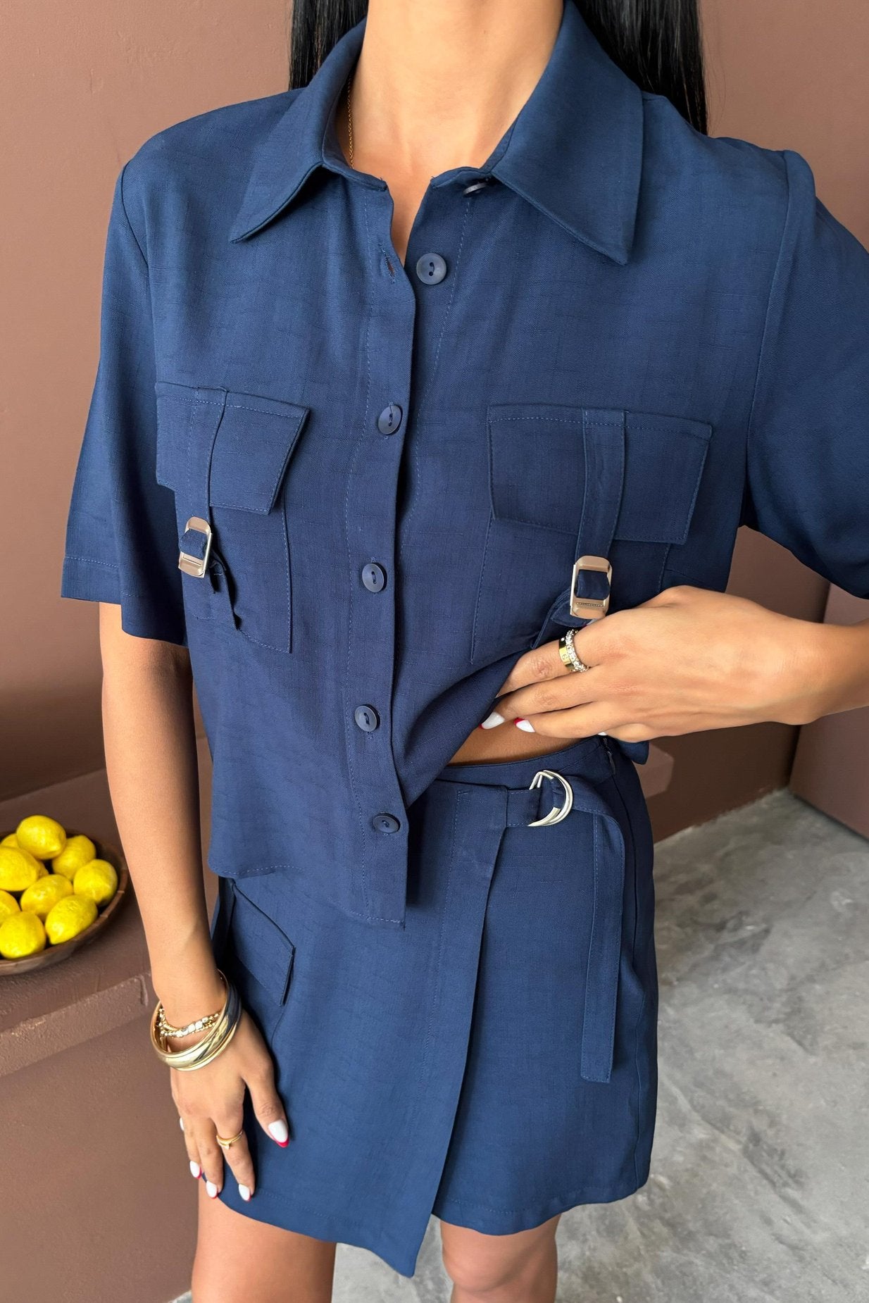 Shirt Shorts Skirt Viscose Linen Suit Blue