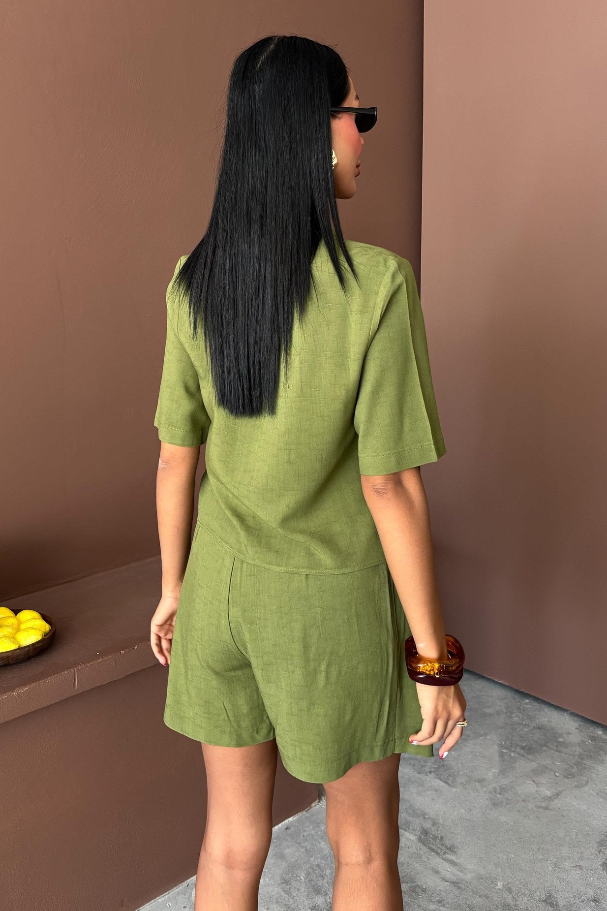 Shirt Shorts Skirt Viscose Linen Suit Green
