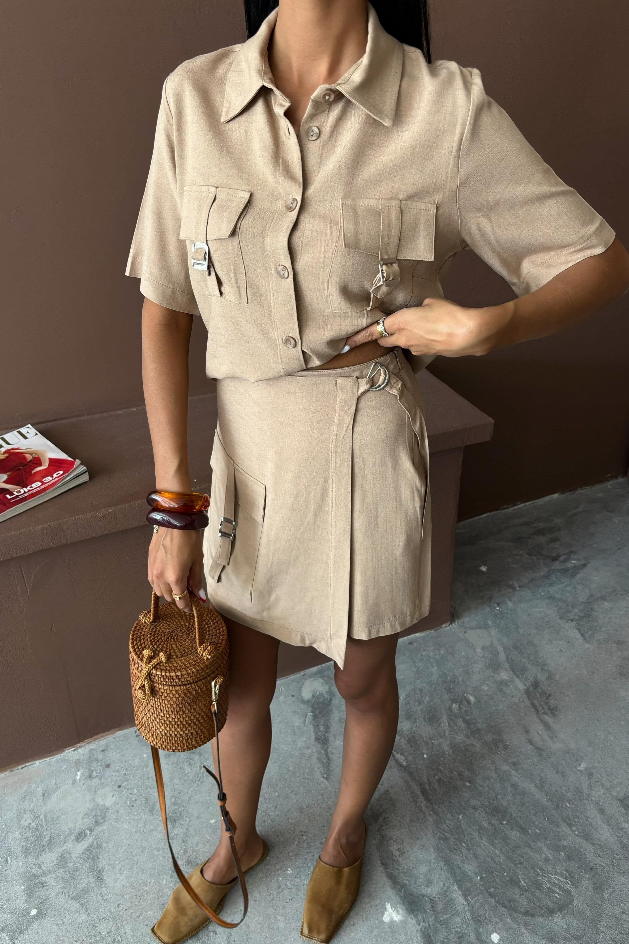 Shirt Shorts Skirt Viscose Linen Suit Beige