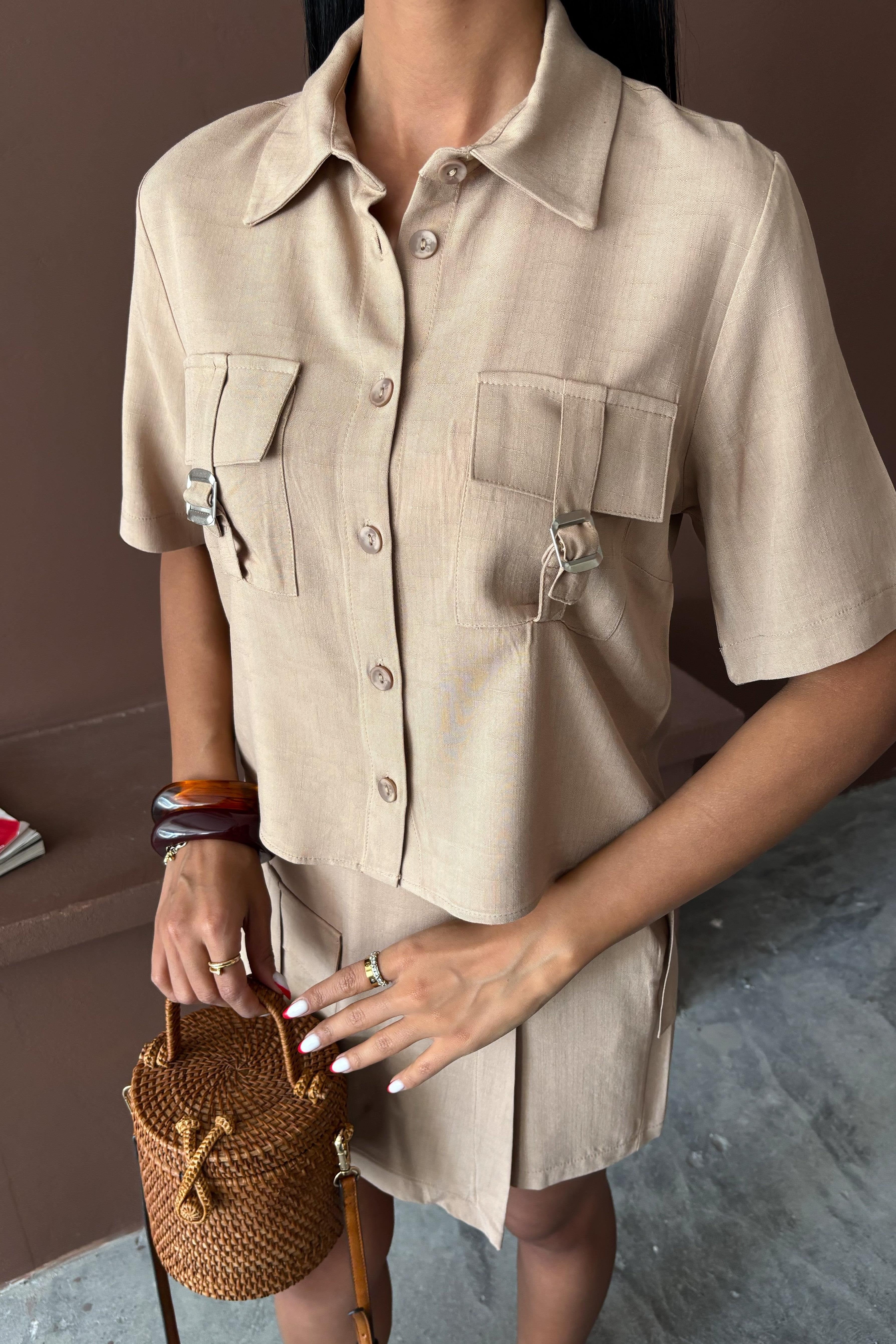 Shirt Shorts Skirt Viscose Linen Suit Beige