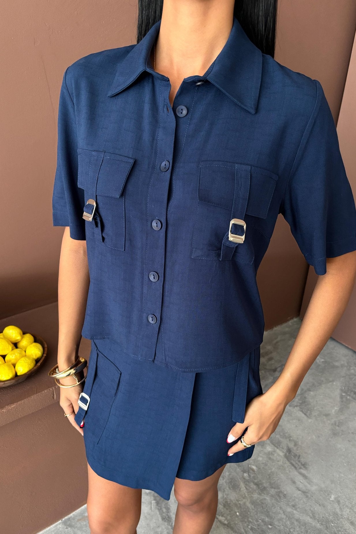 Shirt Shorts Skirt Viscose Linen Suit Blue