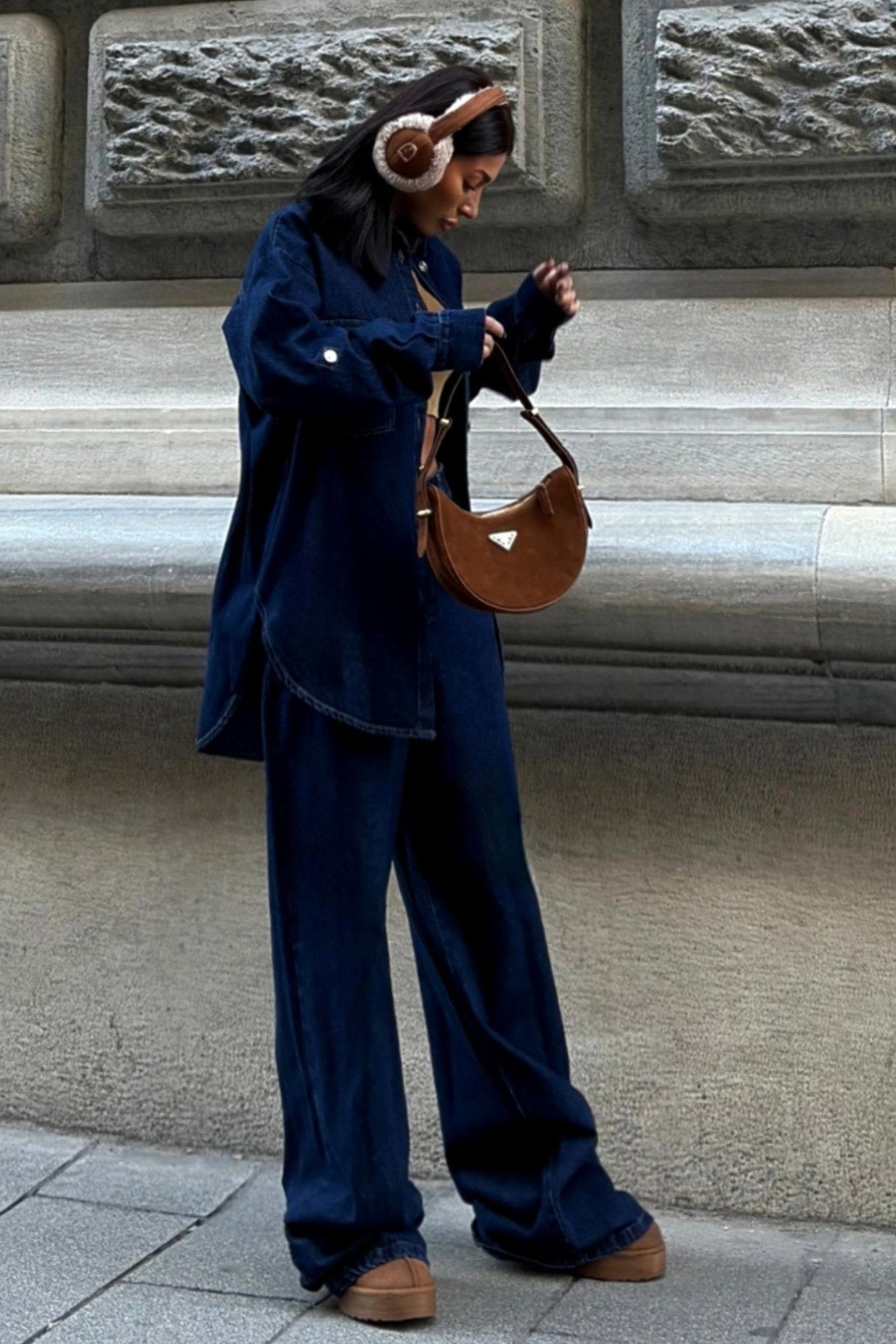 Shirt and Palazzo Trousers Classic Denim Suit Dark Blue