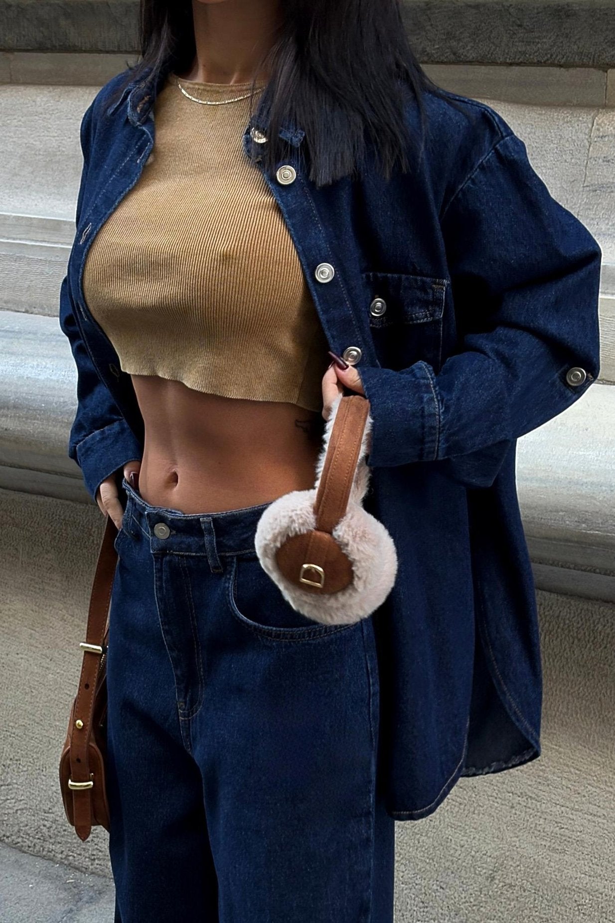Shirt and Palazzo Trousers Classic Denim Suit Dark Blue
