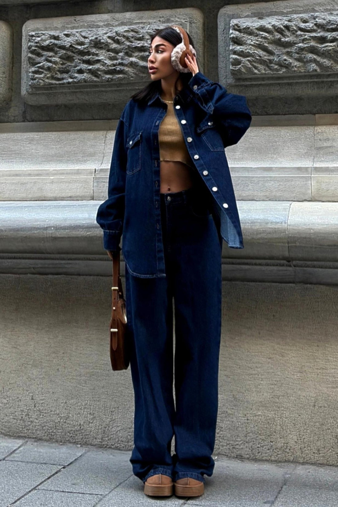 Shirt and Palazzo Trousers Classic Denim Suit Dark Blue