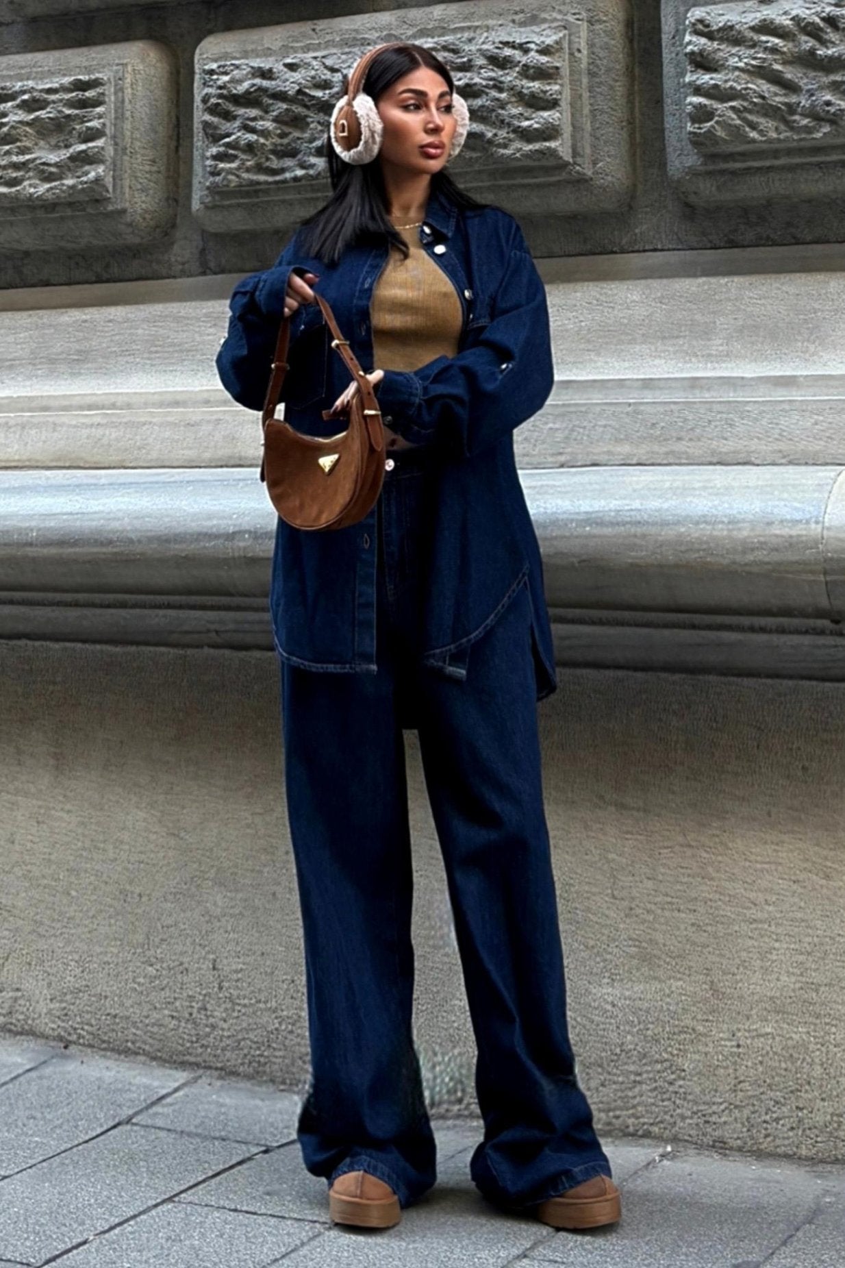 Shirt and Palazzo Trousers Classic Denim Suit Dark Blue