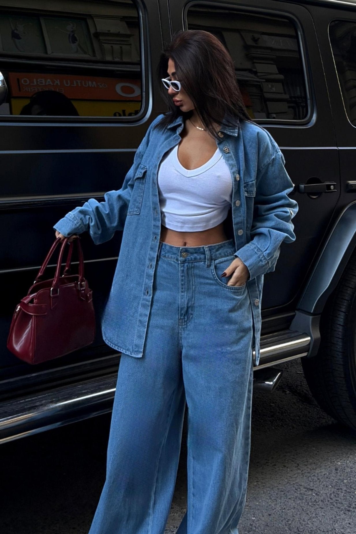 Shirt and Palazzo Trousers Classic Denim Suit Sky Blue