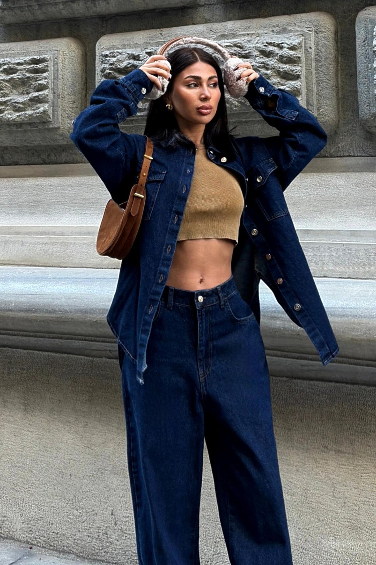Shirt and Palazzo Trousers Classic Denim Suit Dark Blue