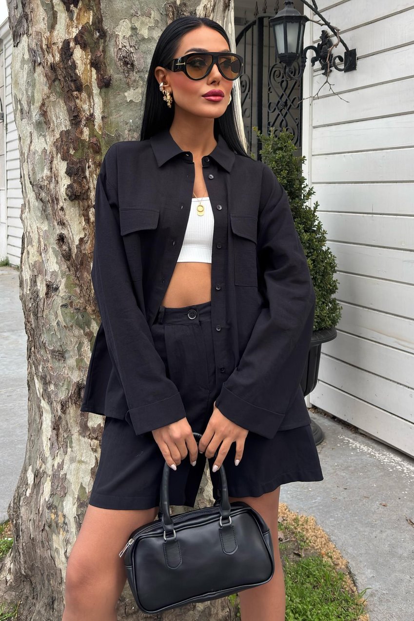 Shirt and Shorts Flamed Linen Set Black