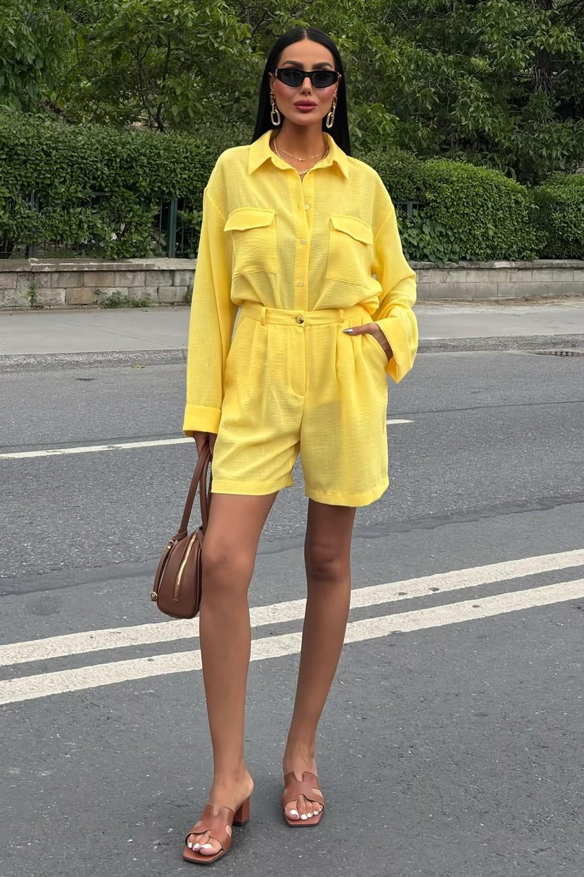 Shirt and Shorts Flamed Linen Set yellow