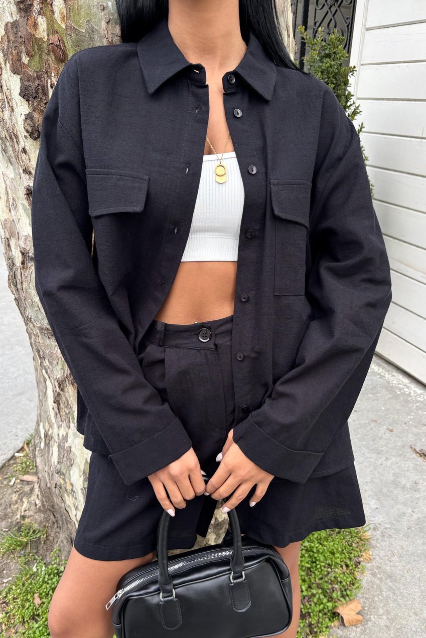 Shirt and Shorts Flamed Linen Set Black