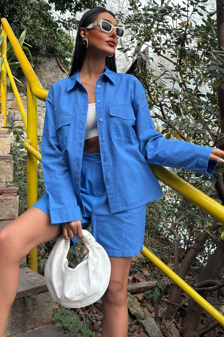 Shirt and Shorts Flamed Linen Set Blue