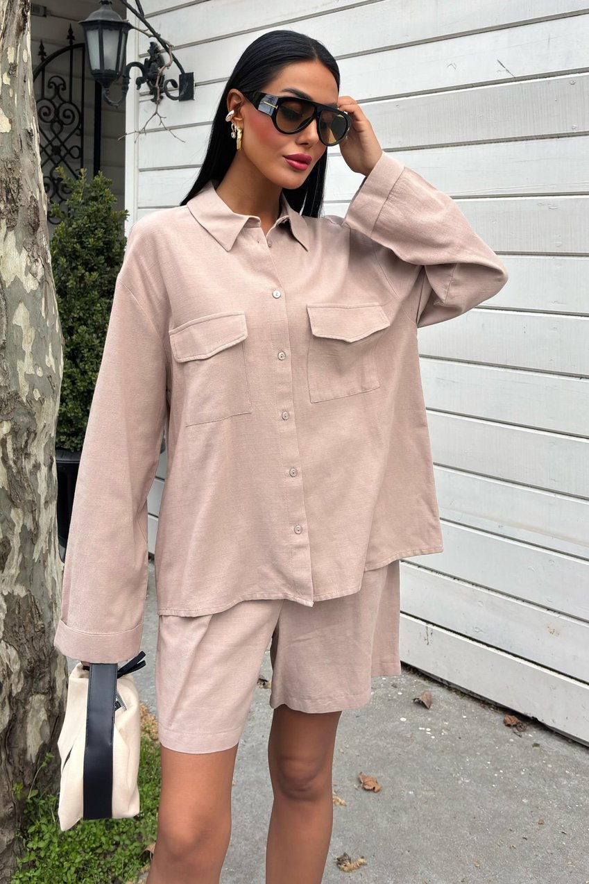 Shirt and Shorts Flamed Linen Set Beige