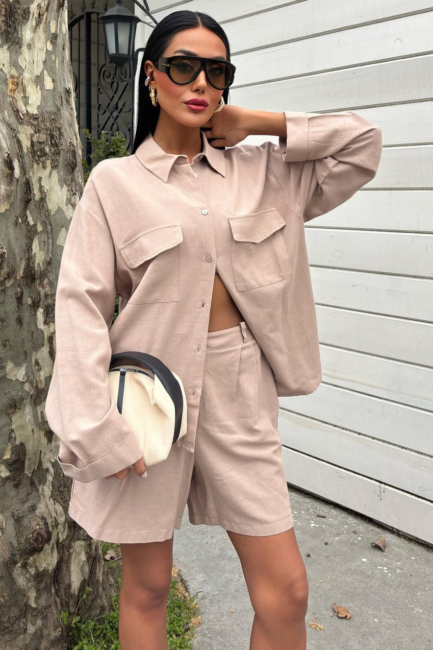 Shirt and Shorts Flamed Linen Set Beige