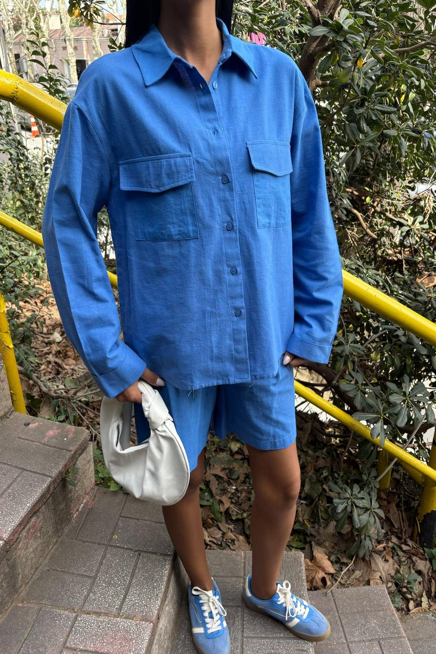 Shirt and Shorts Flamed Linen Set Blue