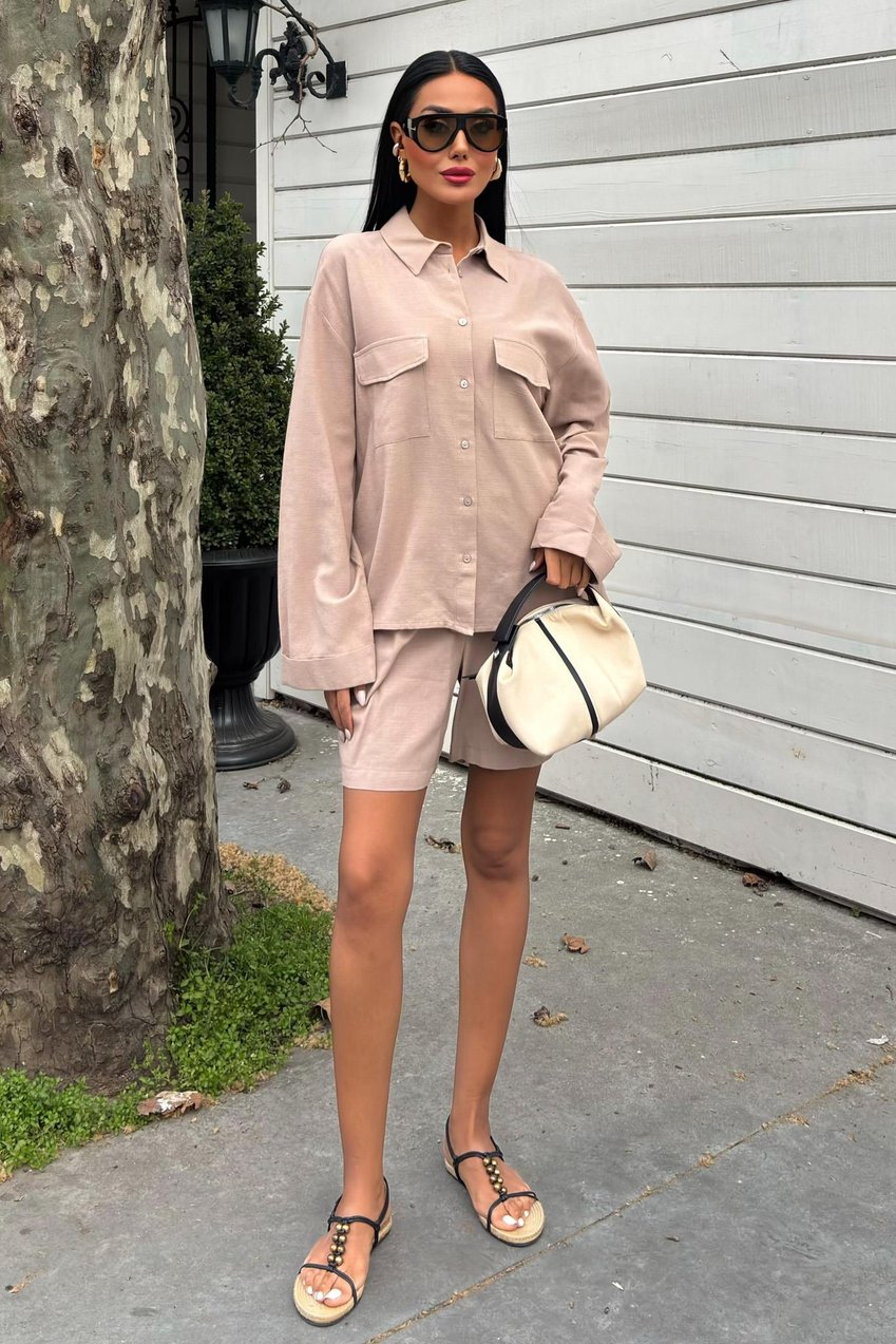 Shirt and Shorts Flamed Linen Set Beige