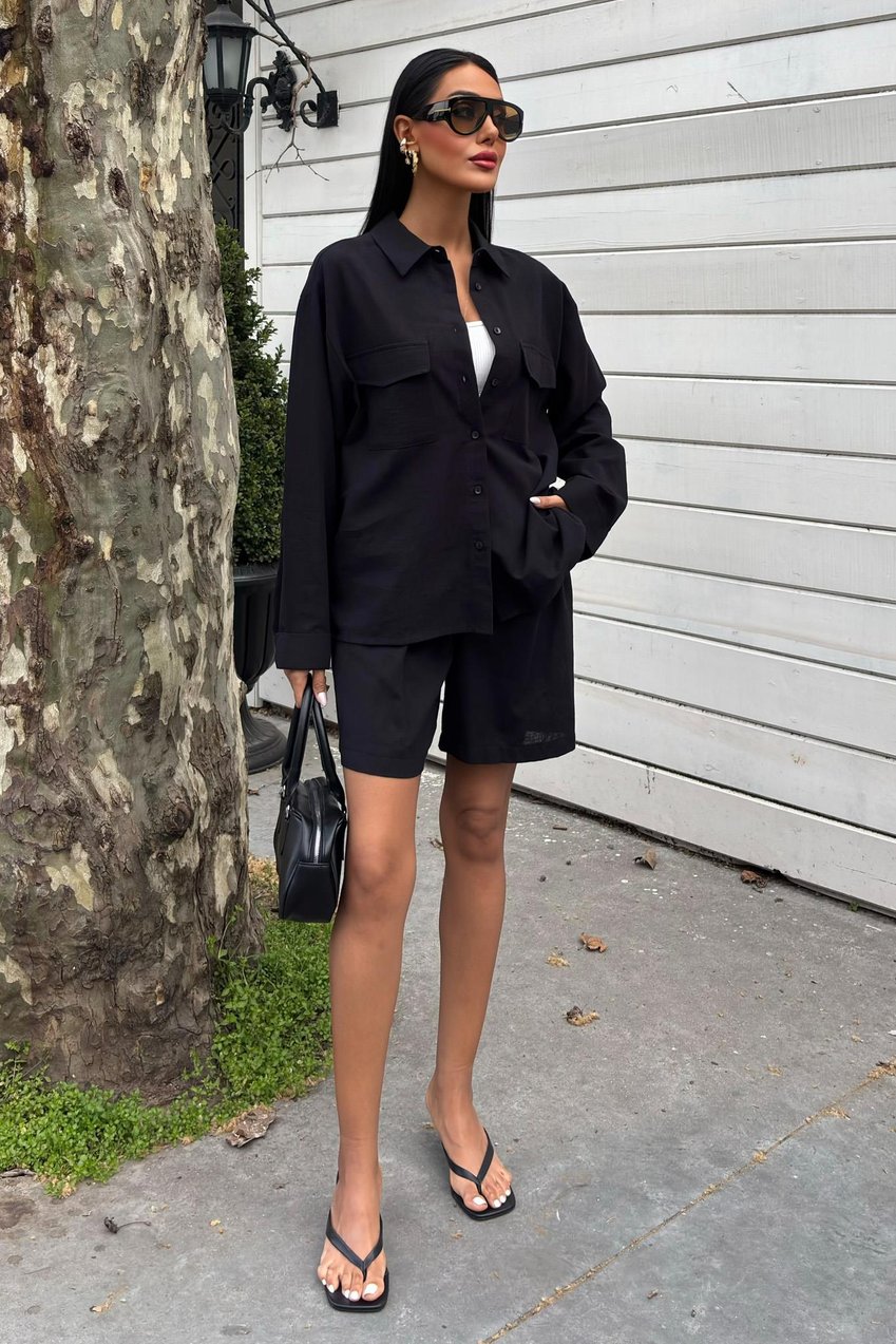 Shirt and Shorts Flamed Linen Set Black