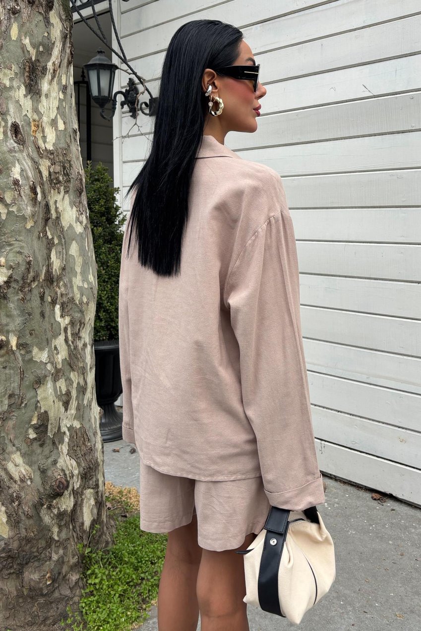 Shirt and Shorts Flamed Linen Set Beige