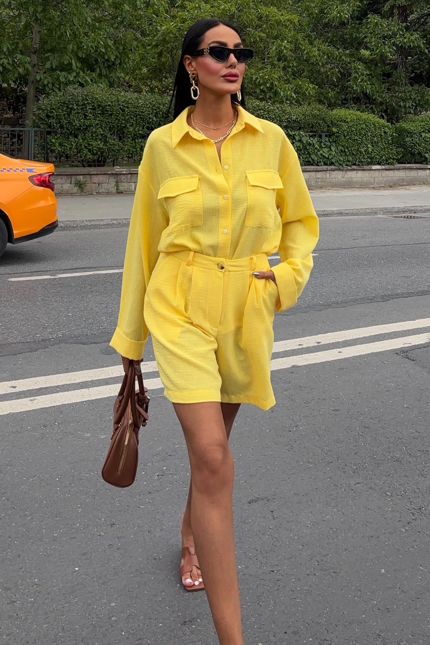 Shirt and Shorts Flamed Linen Set yellow