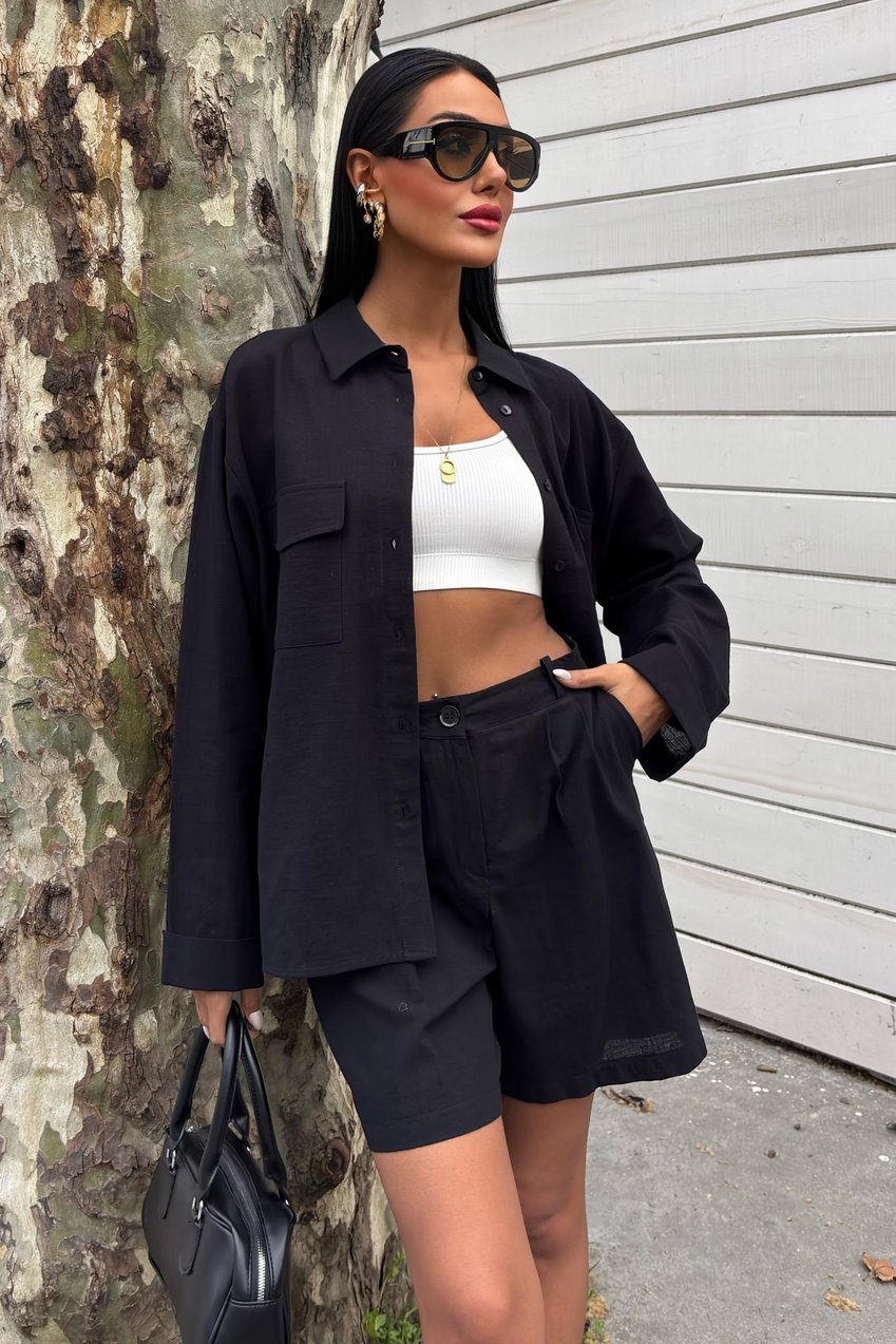 Shirt and Shorts Flamed Linen Set Black