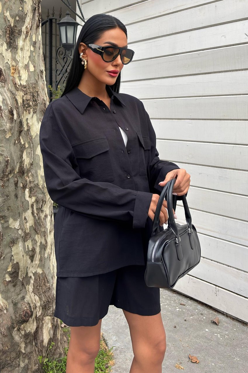 Shirt and Shorts Flamed Linen Set Black