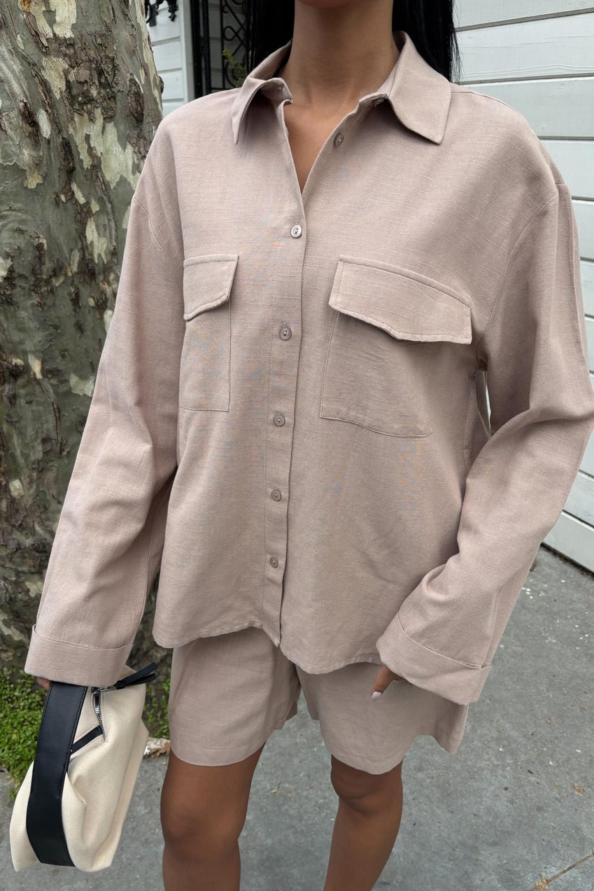 Shirt and Shorts Flamed Linen Set Beige