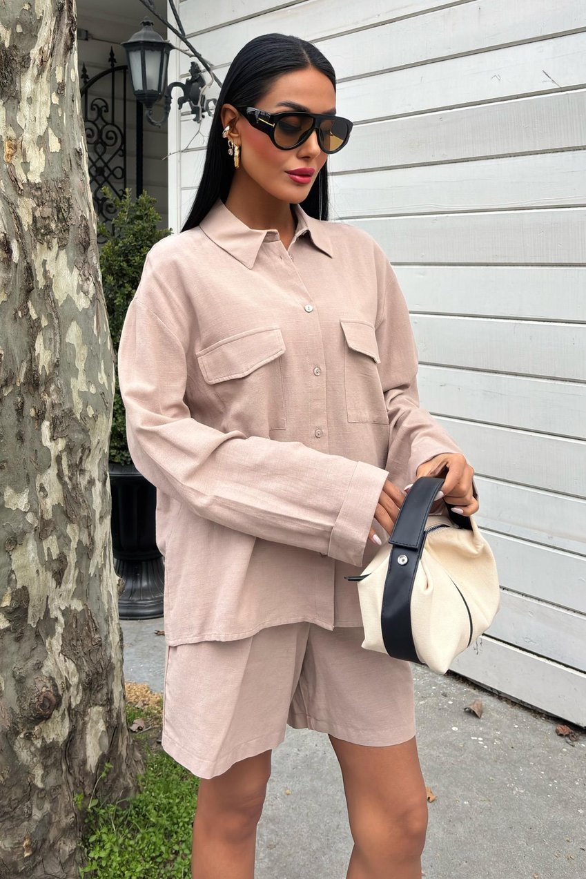 Shirt and Shorts Flamed Linen Set Beige