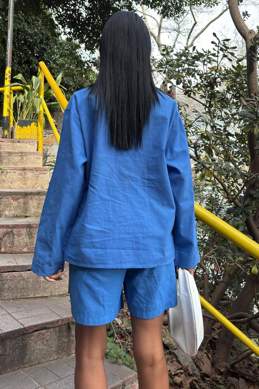 Shirt and Shorts Flamed Linen Set Blue