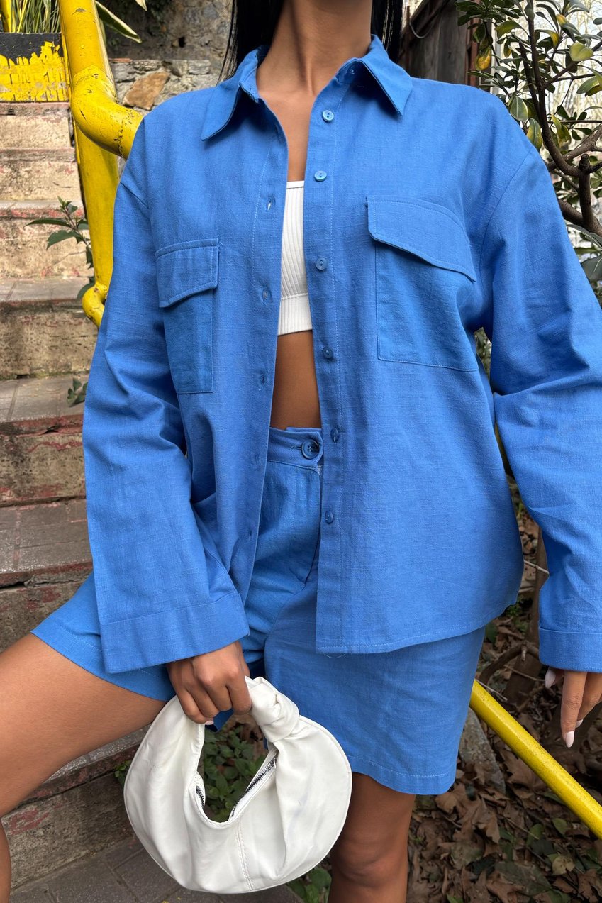 Shirt and Shorts Flamed Linen Set Blue