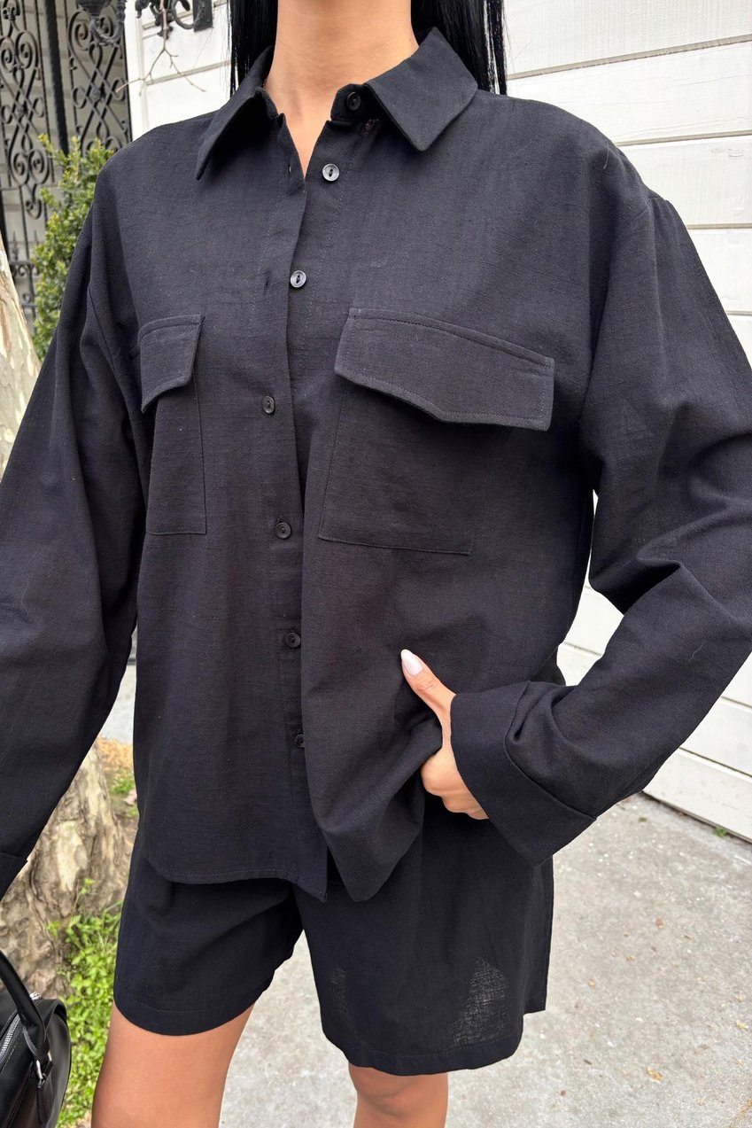 Shirt and Shorts Flamed Linen Set Black