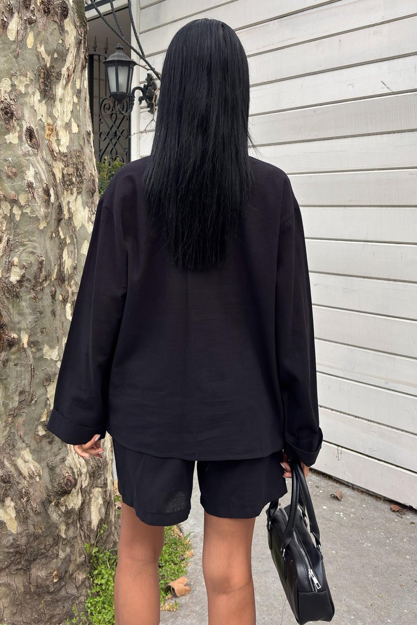 Shirt and Shorts Flamed Linen Set Black