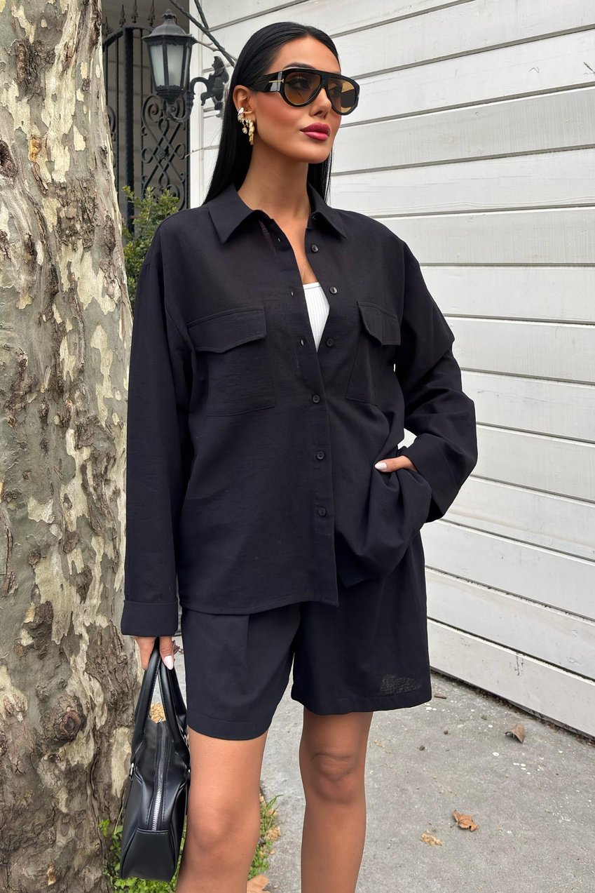 Shirt and Shorts Flamed Linen Set Black