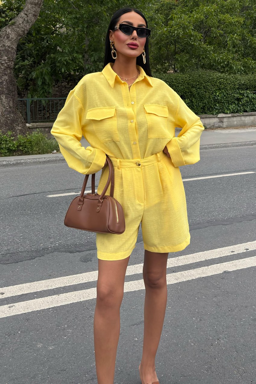 Shirt and Shorts Flamed Linen Set yellow