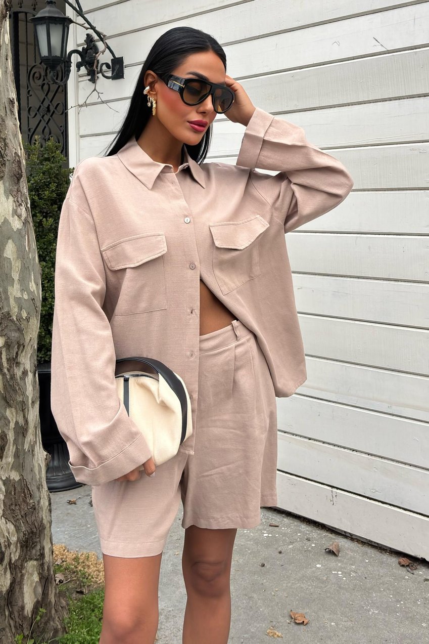 Shirt and Shorts Flamed Linen Set Beige