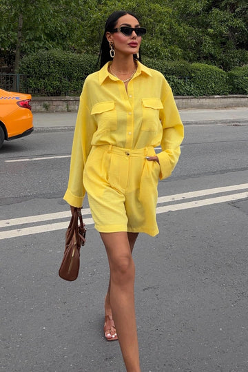 Shirt and Shorts Flamed Linen Set yellow