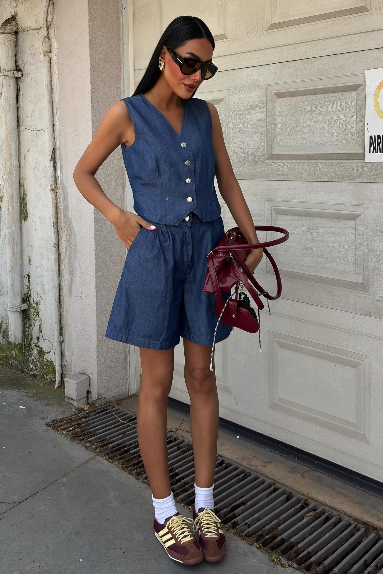 Silver Buttoned Vest and Shorts Tencel Set Dark Blue