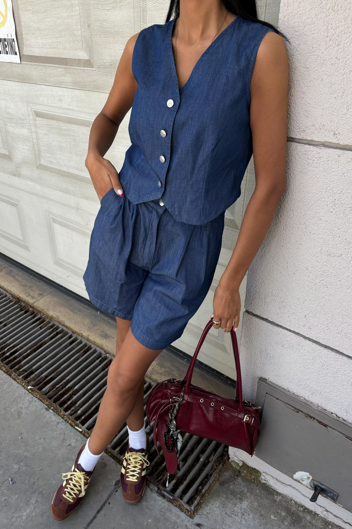 Silver Buttoned Vest and Shorts Tencel Set Dark Blue
