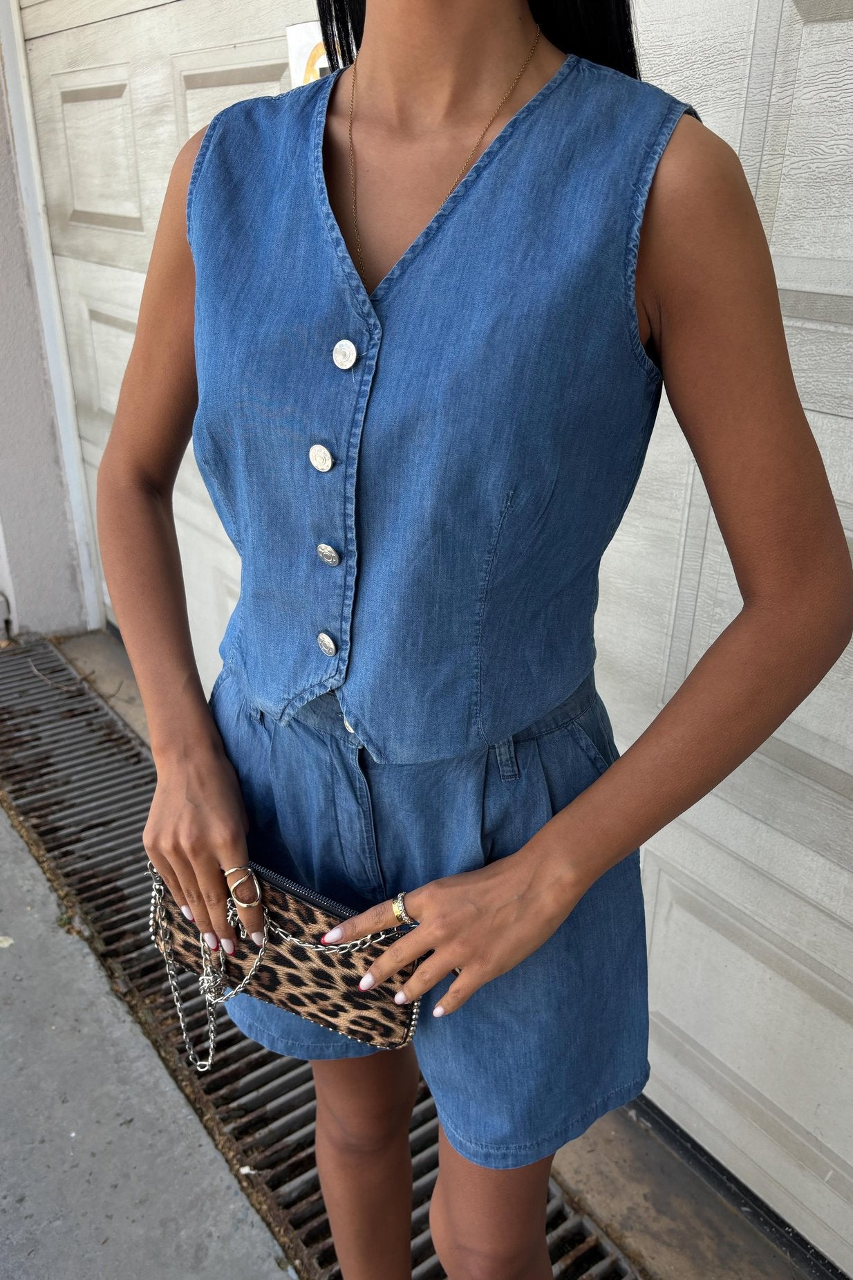 Silver Buttoned Vest and Shorts Tencel Set Light Blue