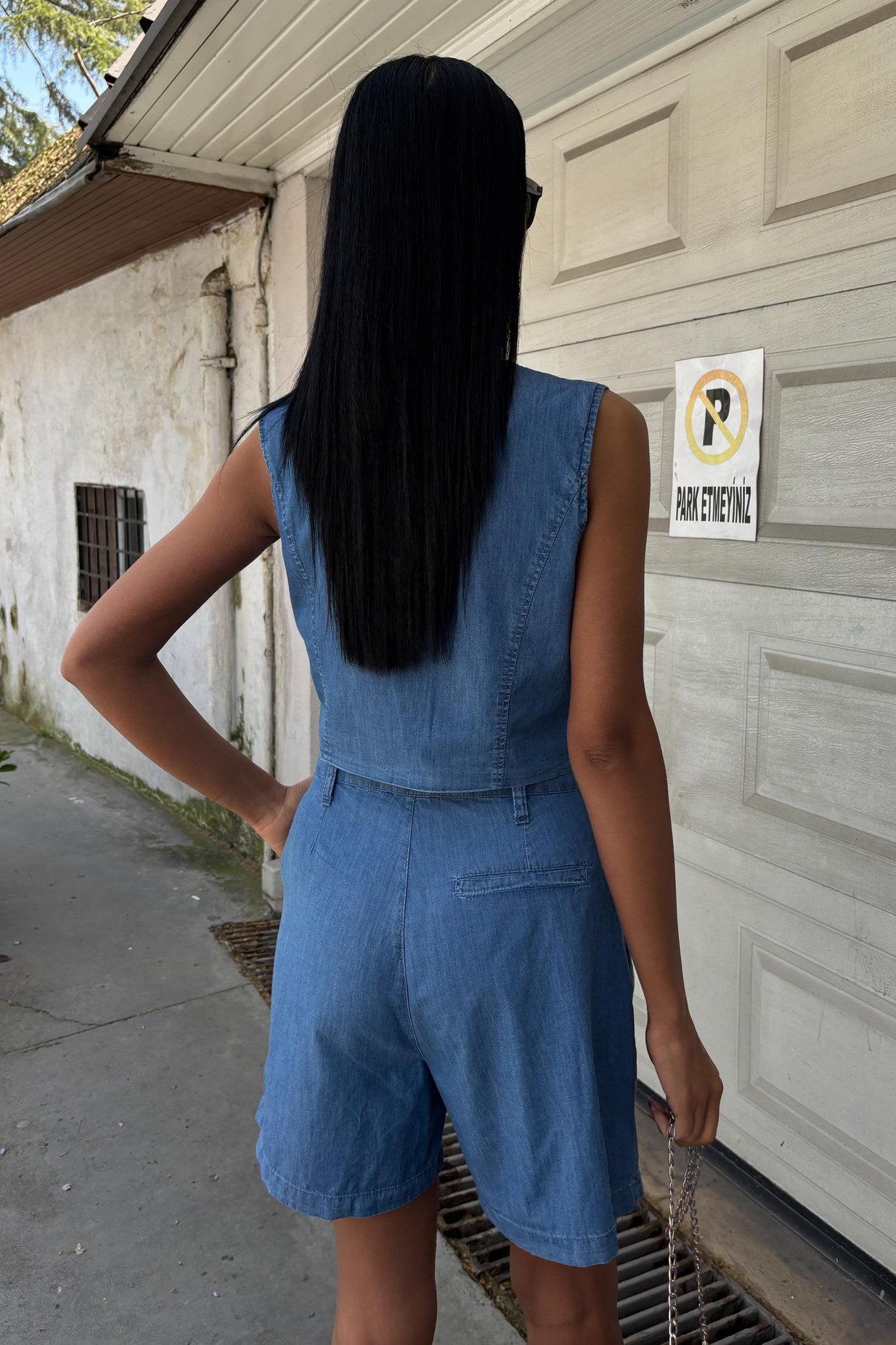 Silver Buttoned Vest and Shorts Tencel Set Light Blue