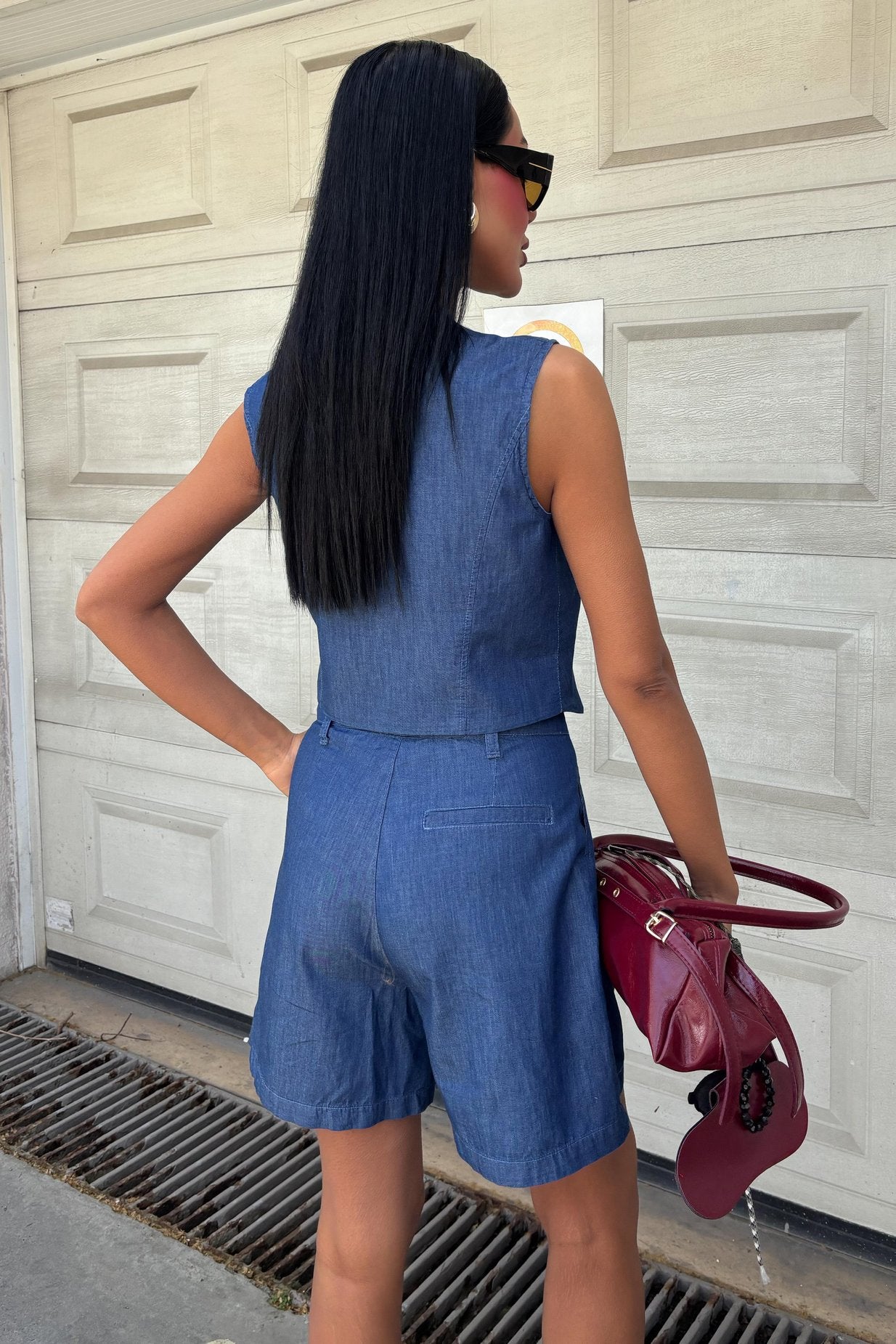 Silver Buttoned Vest and Shorts Tencel Set Dark Blue