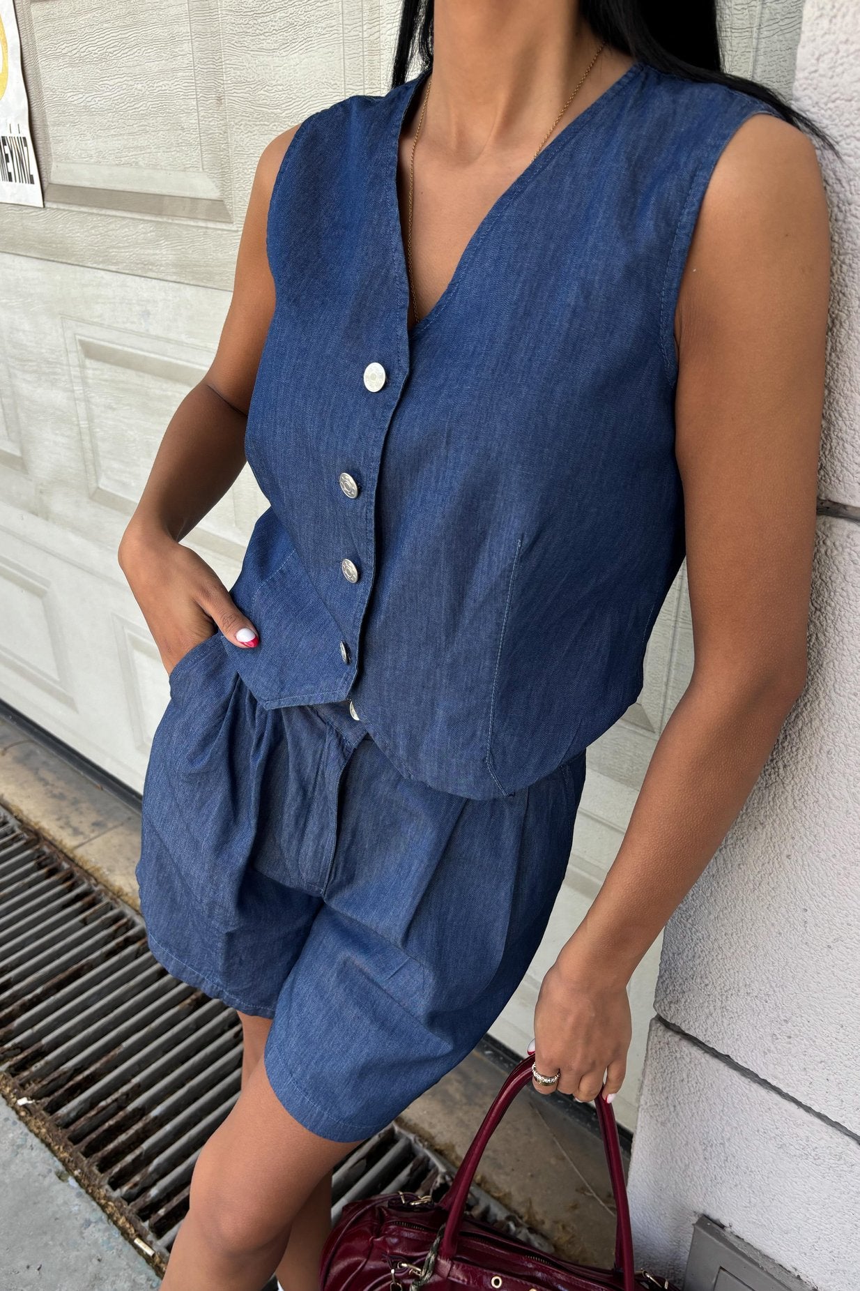 Silver Buttoned Vest and Shorts Tencel Set Dark Blue