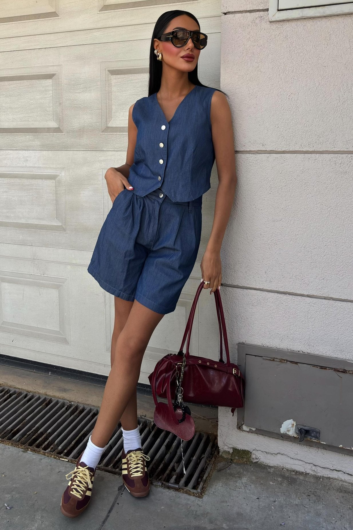 Silver Buttoned Vest and Shorts Tencel Set Dark Blue