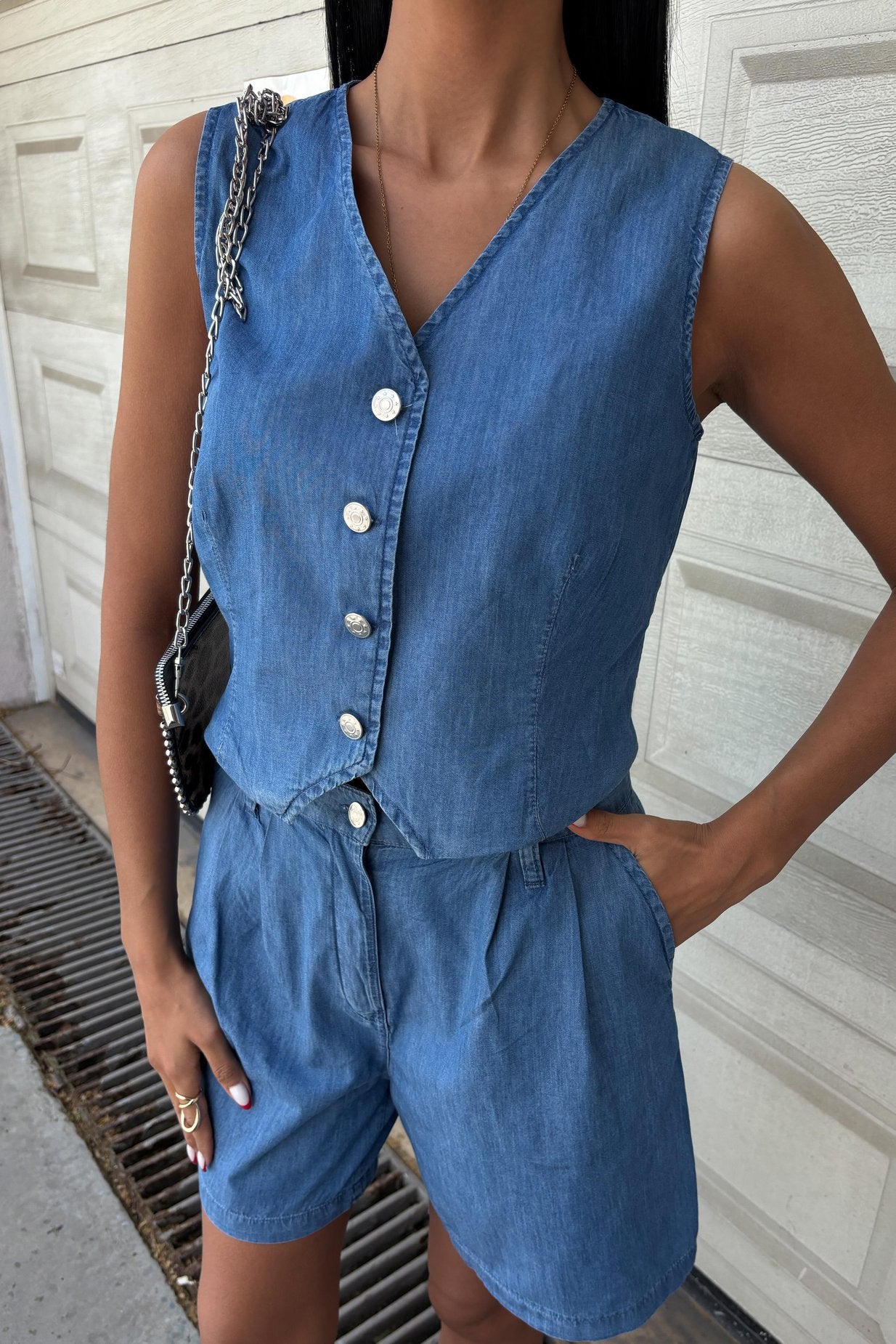 Silver Buttoned Vest and Shorts Tencel Set Light Blue