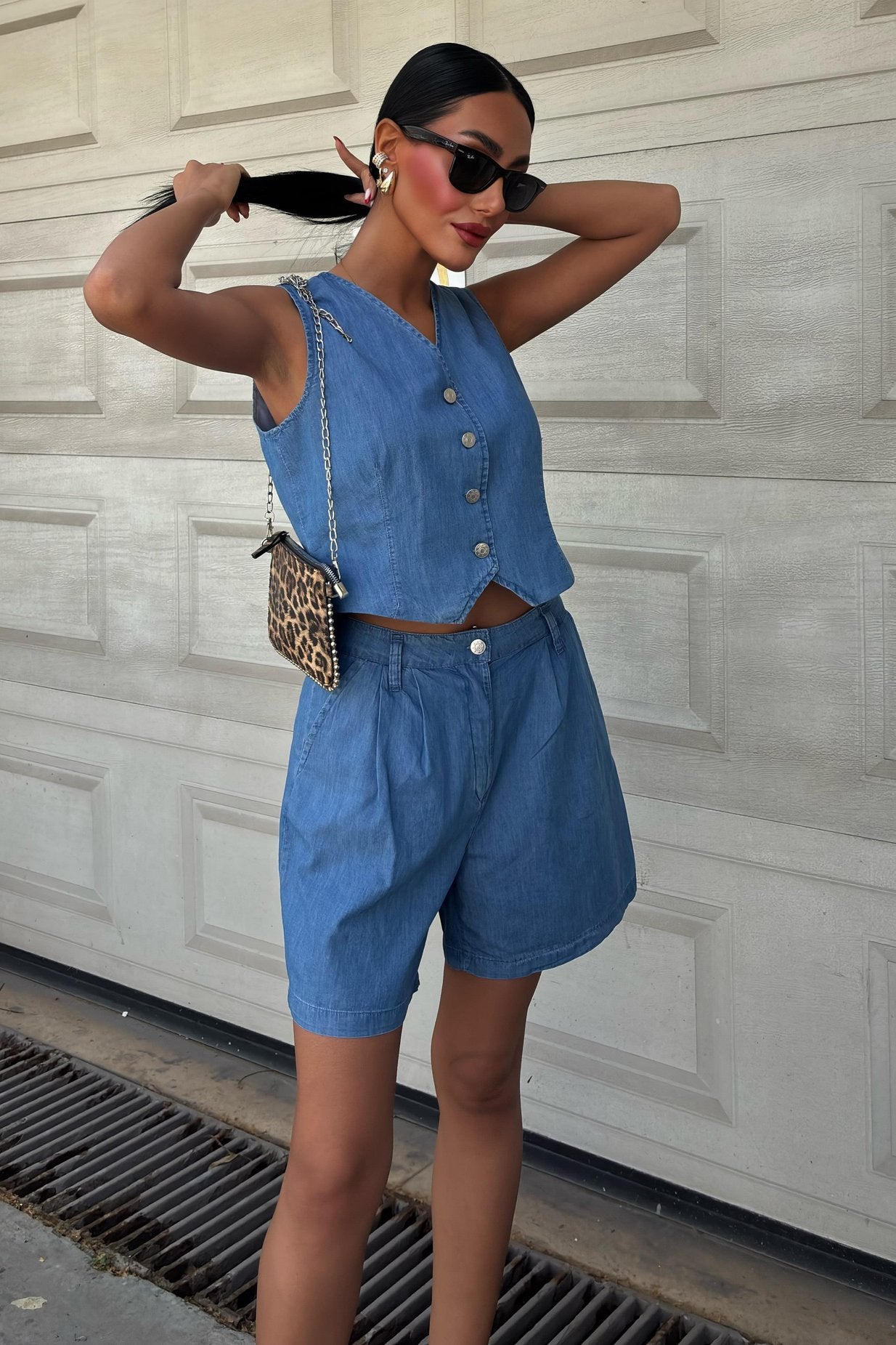 Silver Buttoned Vest and Shorts Tencel Set Light Blue