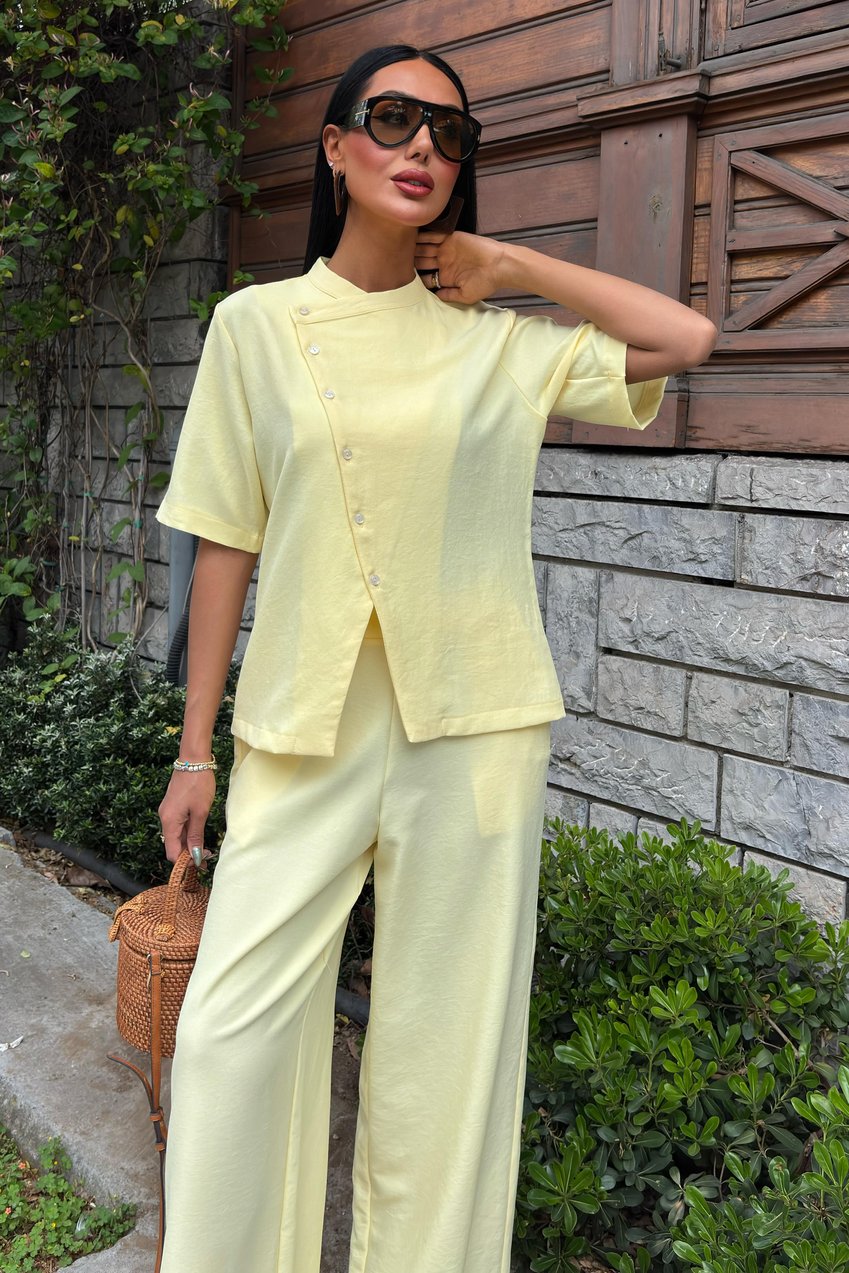 Grandad Collar Cross-Button Plazzo Trousers Viscose Linen Suit