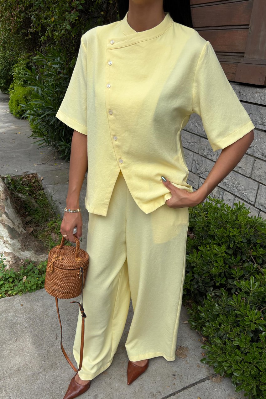 Grandad Collar Cross-Button Plazzo Trousers Viscose Linen Suit