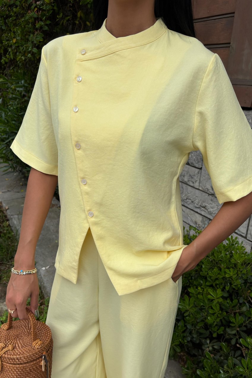Grandad Collar Cross-Button Plazzo Trousers Viscose Linen Suit