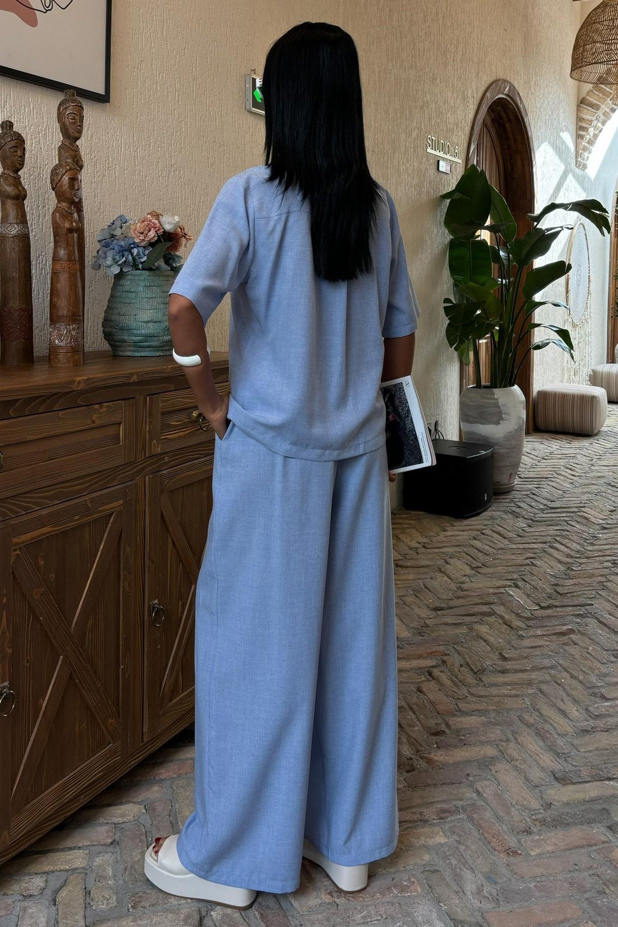 Grandad Collar Cross-Button Plazzo Trousers Viscose Linen Suit